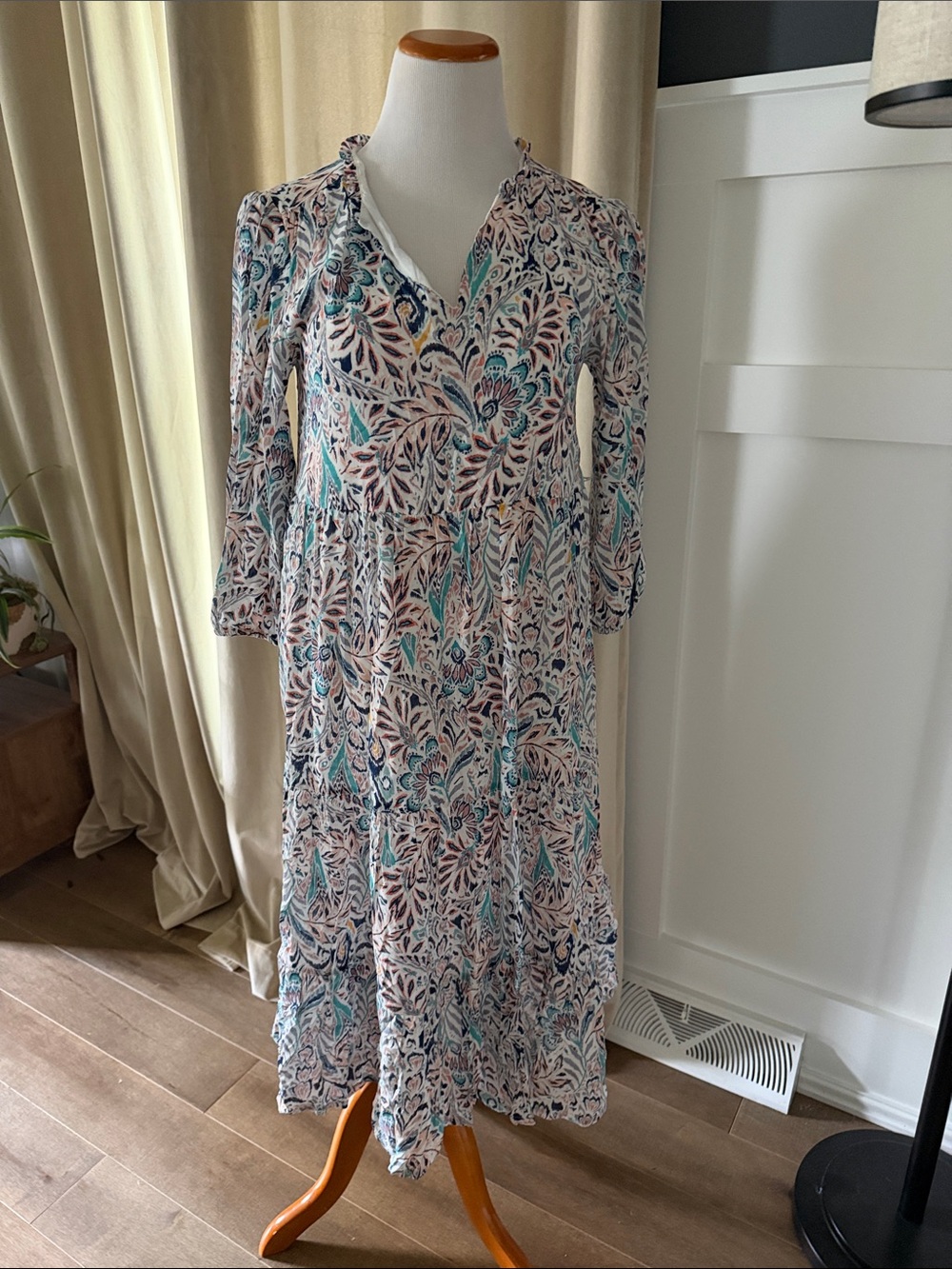 Lucky Brand Teal, Navy & Cream Floral Tiered Maxi Dress
